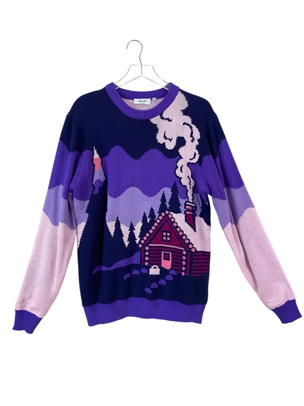 Roody Purple/Pink Winter Cozy Cabin Pine Tree Scene Sweater Size M